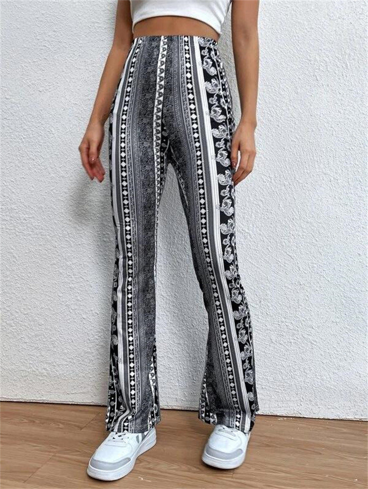 Damen Boho-florale hochgeschnittene Schlaghose aus Stretch-Jersey Nord Taschen