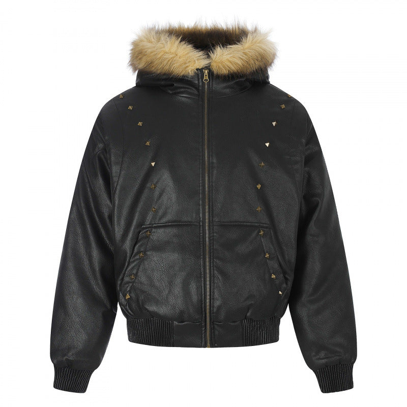 Damen Kapuzenjacke im Lederoptik mit Nietenbesatz, Kunstfellkragen und geripptem Saum Nord Taschen