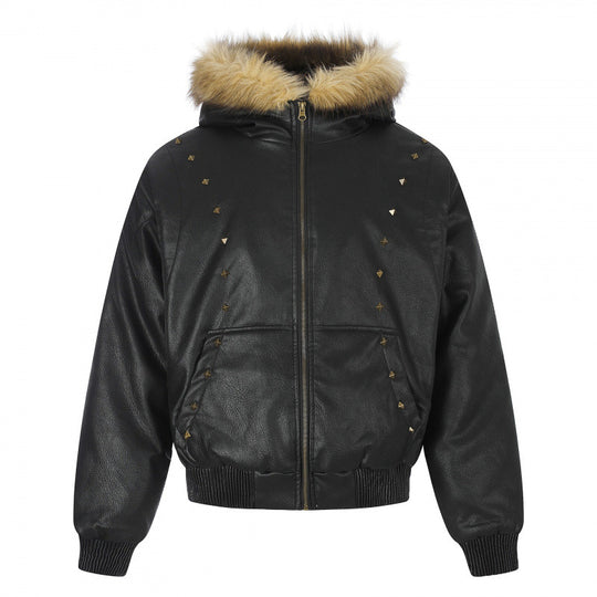 Damen Kapuzenjacke im Lederoptik mit Nietenbesatz, Kunstfellkragen und geripptem Saum Nord Taschen