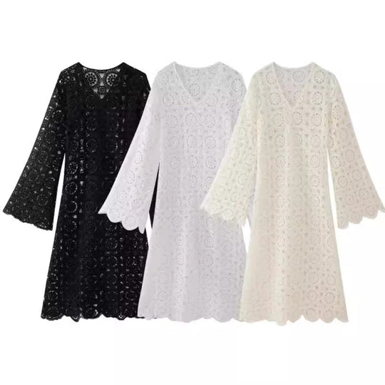 Damen 50+ gehäkeltes Maxikleid‑Kaftan mit V‑Ausschnitt, Trompetenärmeln und floraler Lochspitze Nord Taschen