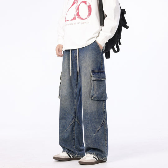 Herren Weite Cargo-Denimhose mit Tunnelzug, Used‑Waschung und Oversize‑Passform Nord Taschen