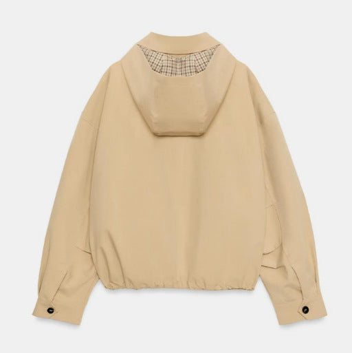 Damen Leichte Kapuzenjacke im Boxy‑Schnitt mit Kordelzug und Karofutter Nord Taschen