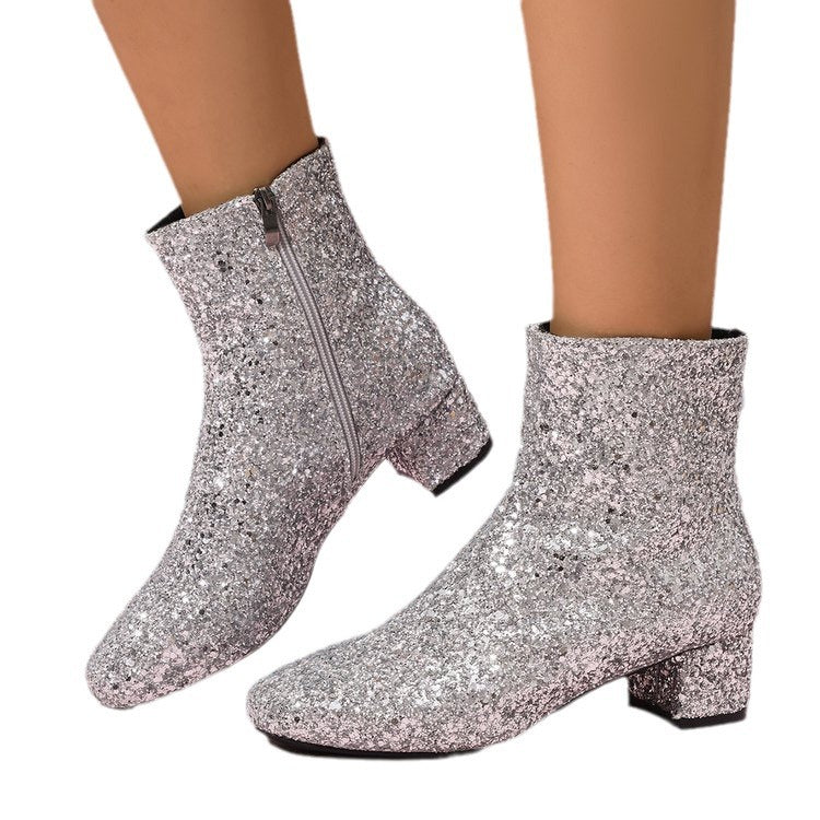 Damen nan glitzernde Stiefeletten mit kurzem Blockabsatz und seitlichem Reißverschluss Nord Taschen