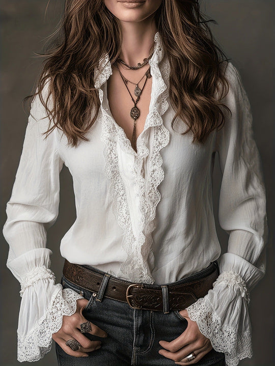 Damen elegante Bluse mit Rüschendetails und Spitzenbesatz Avellé