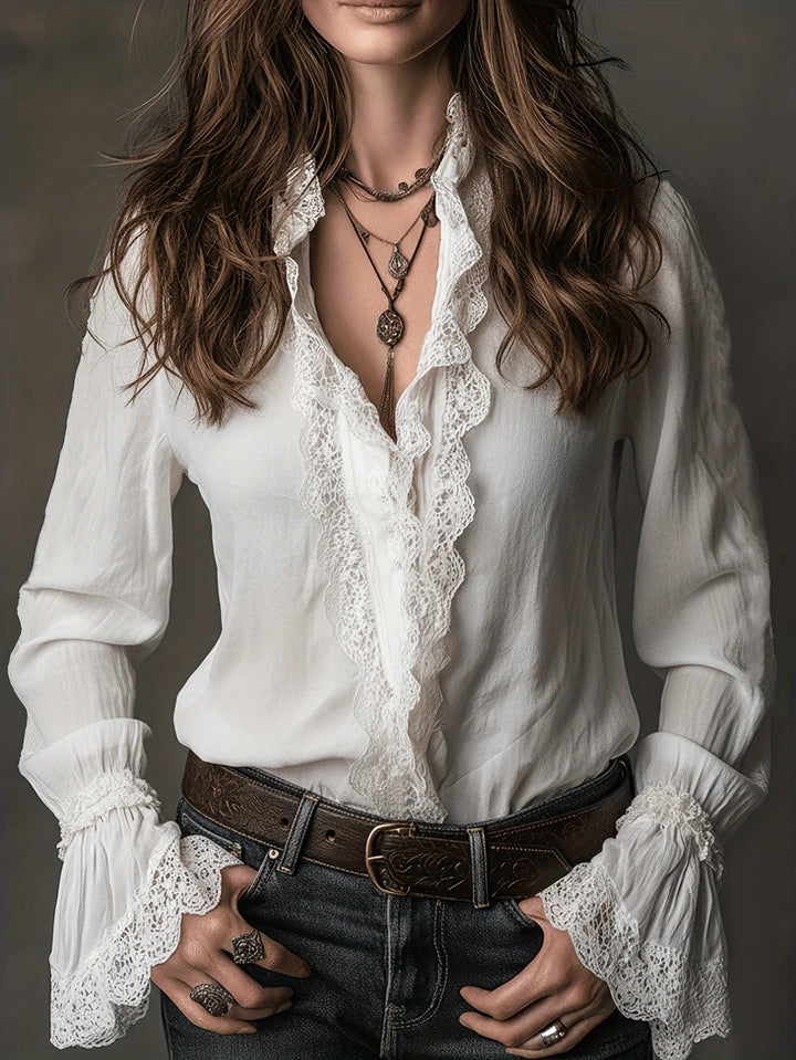 Damen elegante Bluse mit Rüschendetails und Spitzenbesatz