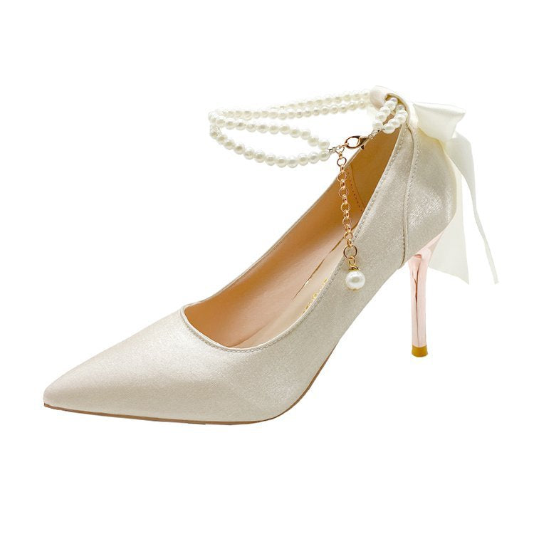 Damen Spitzenhigh Heels mit Perlenakzenten und elegantem Schleifenverschluss
