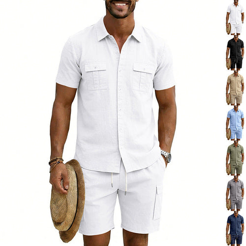 Herren nan sommerliches Freizeitset aus Baumwoll-Leinenmix mit Kurzarm-Hemd und Cargo-Shorts