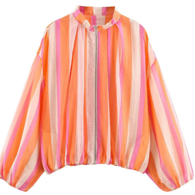 Damen Gestreifte Cropped Blousonjacke mit Stehkragen, Reißverschluss und Ballonärmeln Nord Taschen
