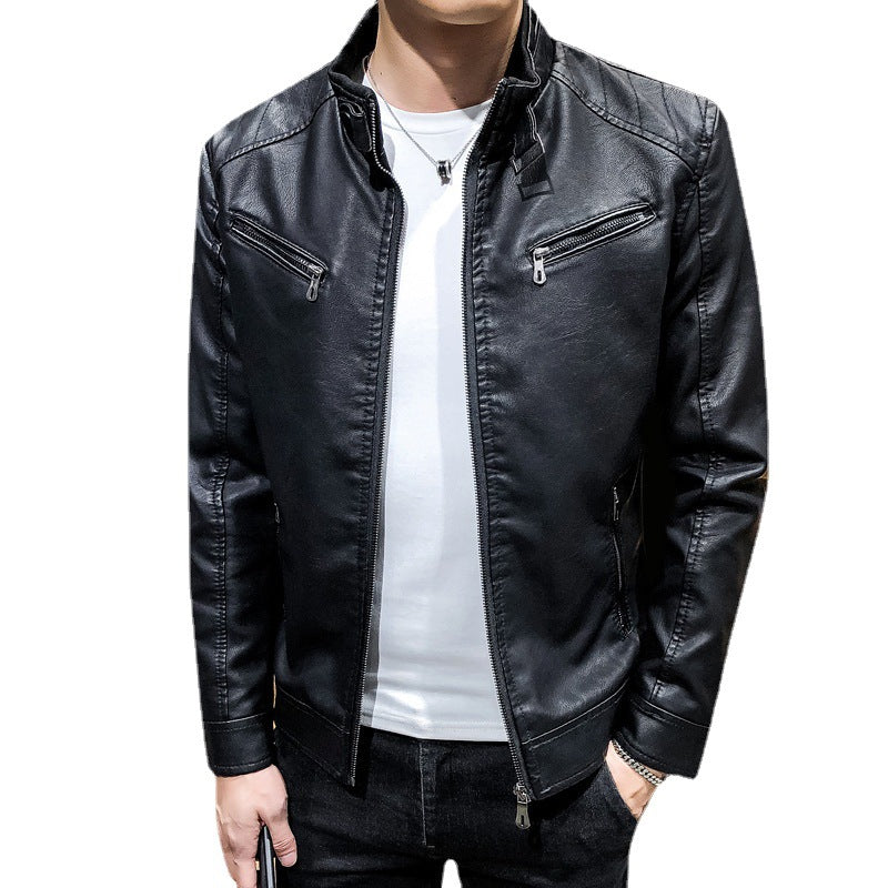 Herren Slim-Fit Kunstleder‑Racerblouson mit Stehkragen und Reißverschluss‑Brusttaschen Nord Taschen