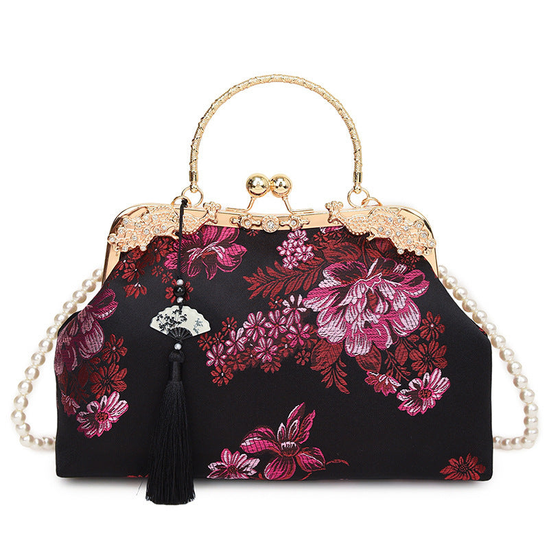 Damen elegante Clutch-Tasche mit floralen Akzenten und perlenbesetztem Tragegriff Nord Taschen