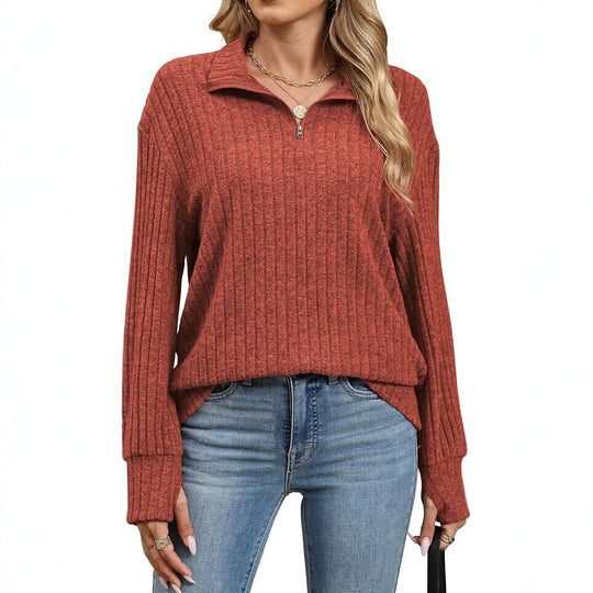 Damen Gerippter Halfzip-Pullover mit Stehkragen und Relaxed-Fit Nord Taschen