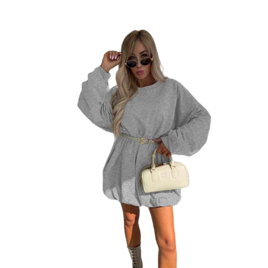 Damen Sweatkleid mit Ballonärmeln und Taillengürtel Nord Taschen