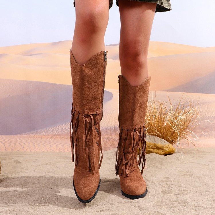Damen nan Fransen-Cowboy-Stiefel aus Veloursleder mit spitzer Zehenkappe und seitlichem Reißverschluss Nord Taschen