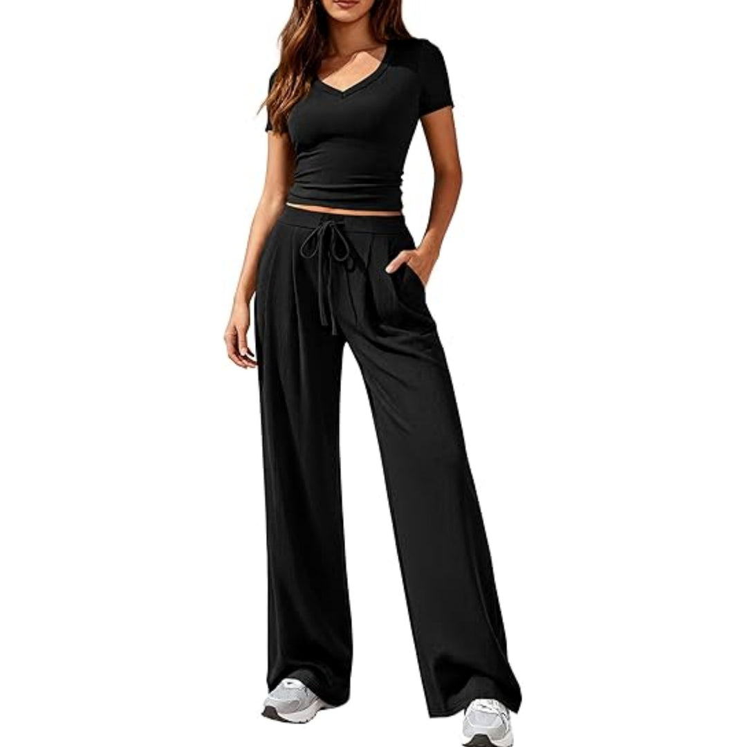 Damen Lässiges Lounge-Set mit tailliertem V-Ausschnitt bauchfreiem Top und weitem Kordelbund-Hose Nord Taschen