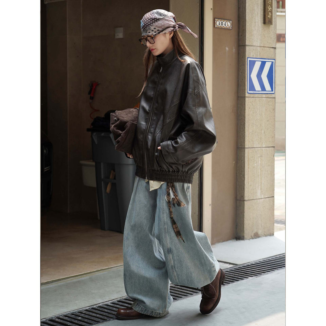 Damen Oversized Lederbomberjacke mit Stehkragen, verdecktem Reißverschluss und gerafftem Bund Nord Taschen