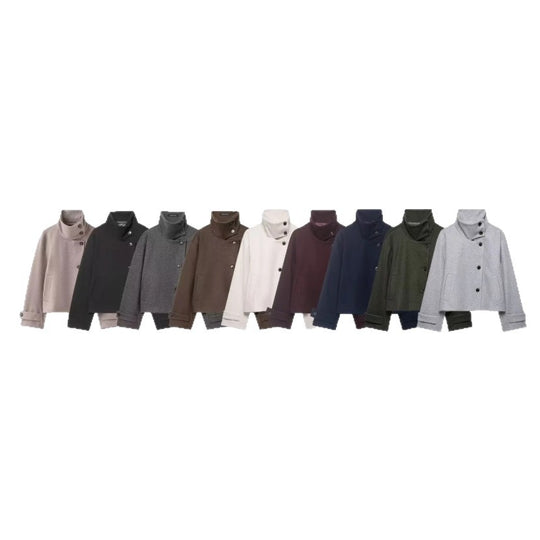 Damen Cropped Wollmix-Kurzjacke mit hohem Stehkragen, asymmetrischer Knopfleiste und Krempelmanschetten Nord Taschen