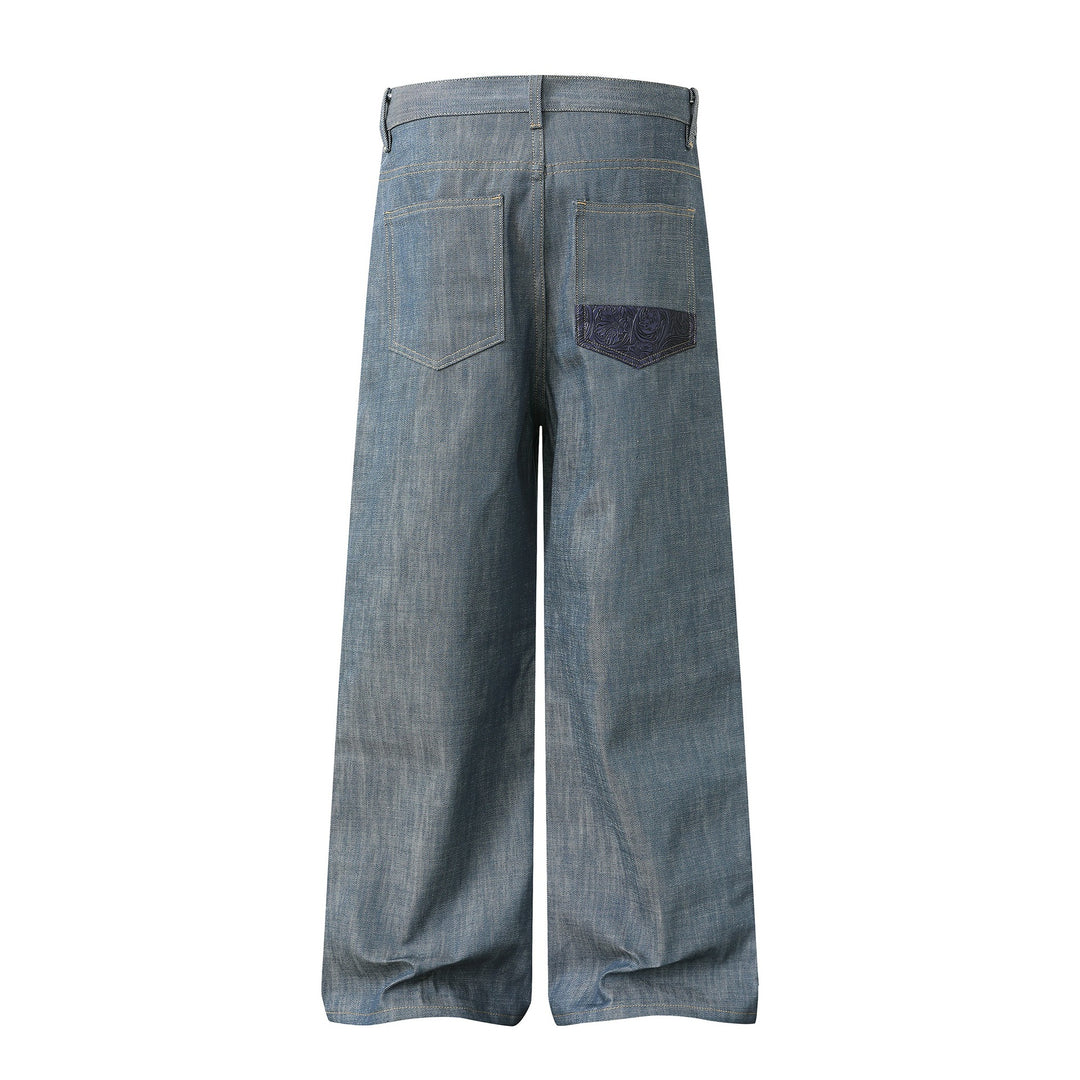 Damen Hochtaillierte weite Jeanshose mit dekorativen Pattentaschen und geradem Bein Nord Taschen