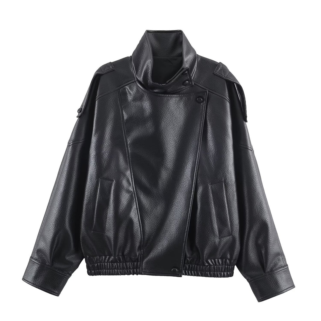 Damen 3400+ Cropped Kunstleder‑Blouson mit asymmetrischer Druckknopfleiste, hohem Stehkragen und elastischem Saum Nord Taschen