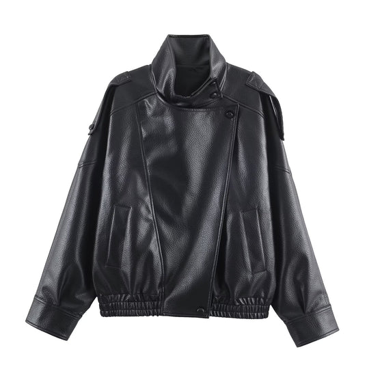 Damen 3400+ Cropped Kunstleder‑Blouson mit asymmetrischer Druckknopfleiste, hohem Stehkragen und elastischem Saum Nord Taschen