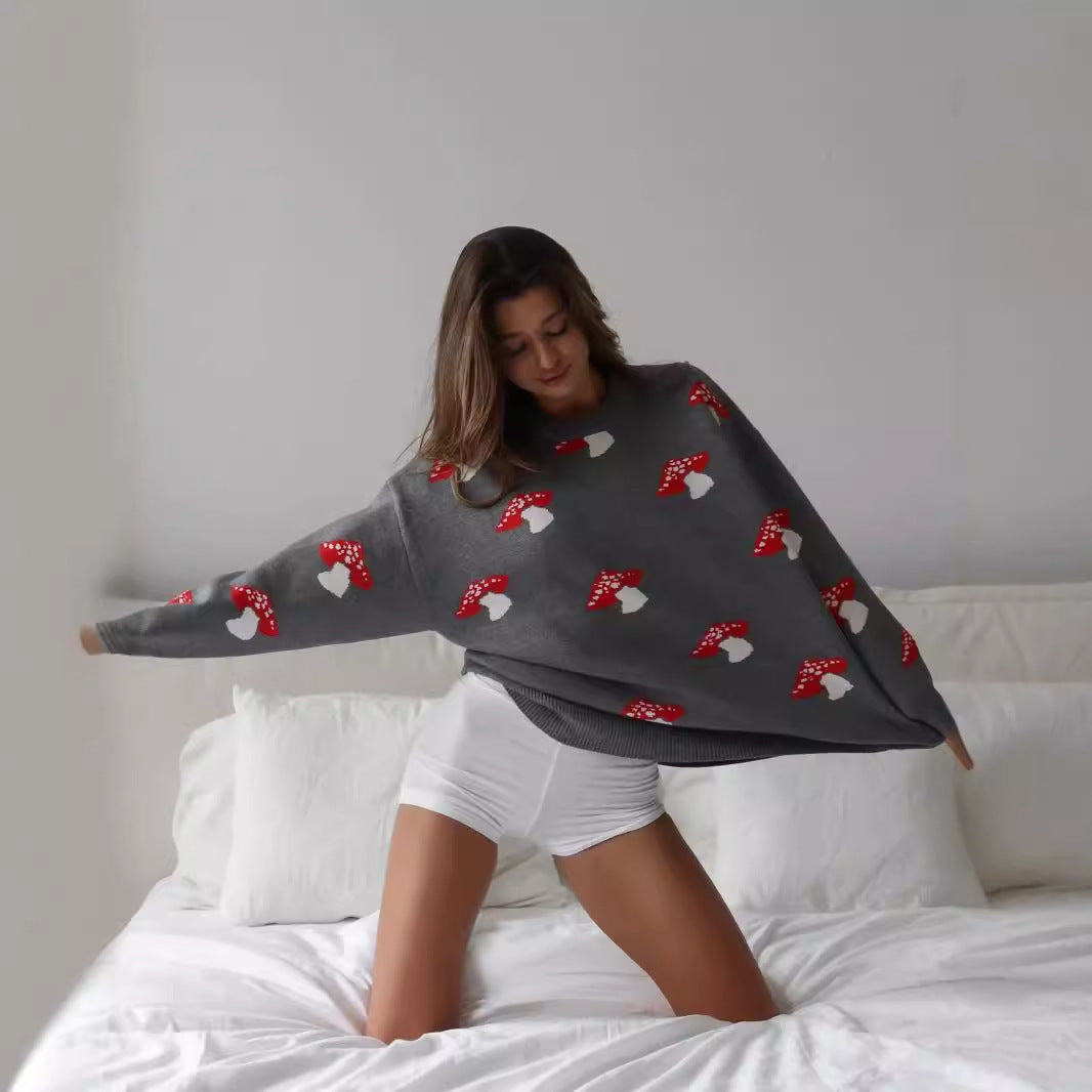 Damen weiter Strickpullover mit Pilzmotiv Rundhals Rippbündchen Nord Taschen
