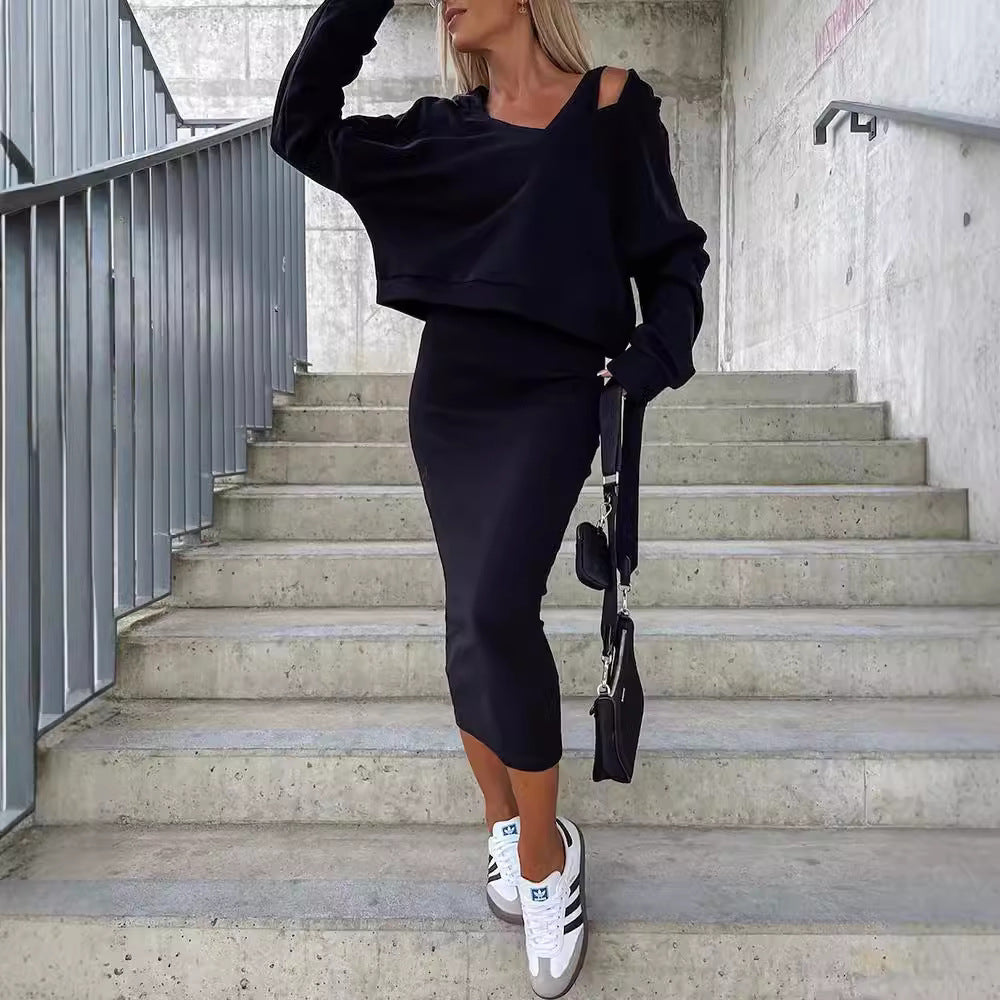 Damen Casual-Set Cropped-Sweatshirt mit Cut-Out-Trägern und High‑Waist Midirock aus Stretch-Fleece Nord Taschen