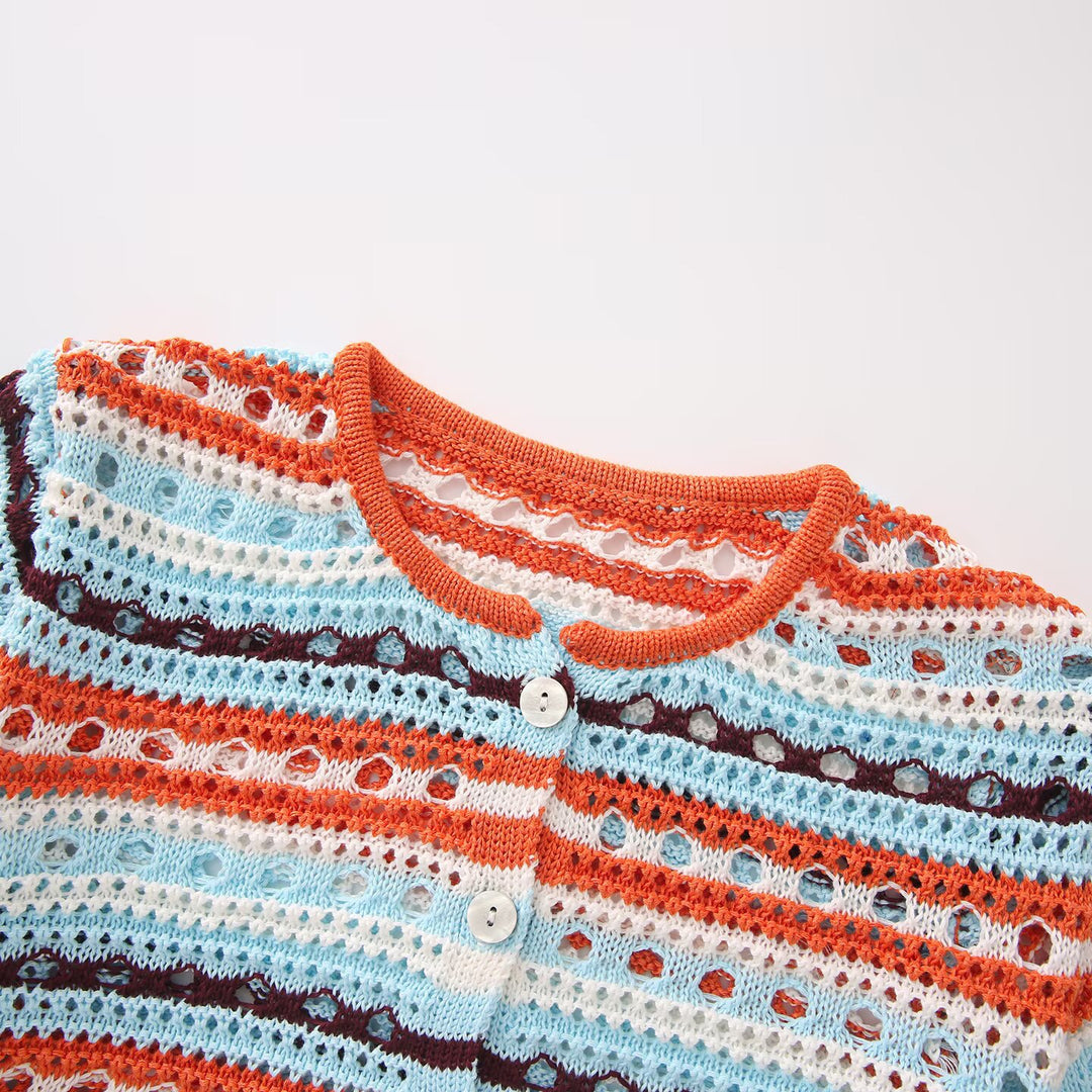 Damen Häkel-Cardigan mit Lochmuster, gestreifter Struktur und Dreiviertelärmeln Nord Taschen