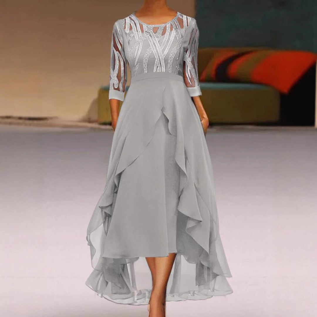 Damen nan edles Chiffon-Abendkleid mit besticktem Tülloberteil, Dreiviertelärmeln und asymmetrischem Stufen-Saum Nord Taschen
