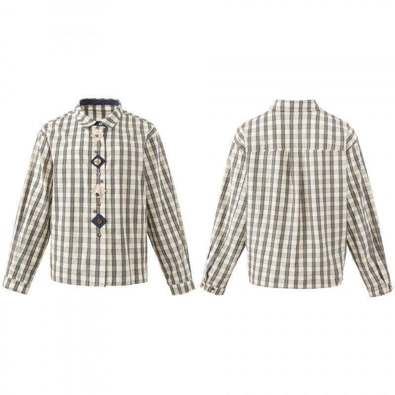 Damen Kastige Hemdjacke mit geometrischem Karomuster und dekorativer Knopfleiste Nord Taschen