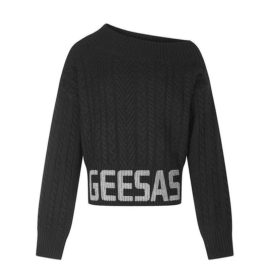 Damen Kurzer Zopfstrick-Pullover mit weitem Boat-Ausschnitt und markantem Logobund Nord Taschen