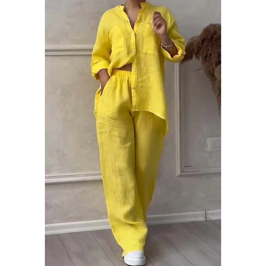 Damen Weite Leinenmix-Hose mit hohem Elastikbund, Kordelzug und Palazzo-Silhouette Nord Taschen