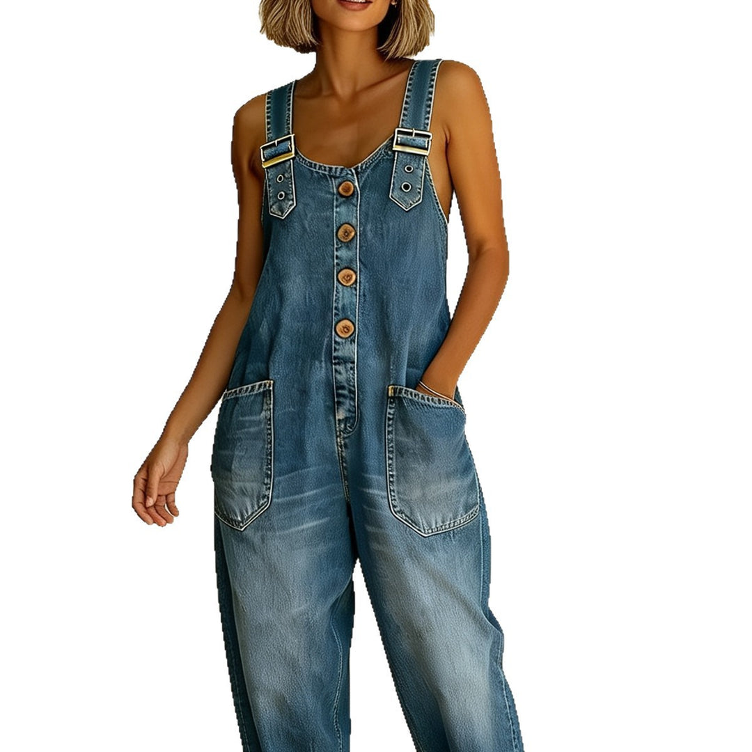 Damen Weite Denim-Latzhose mit Knopfleiste, verstellbaren Trägern und aufgesetzten Taschen Nord Taschen