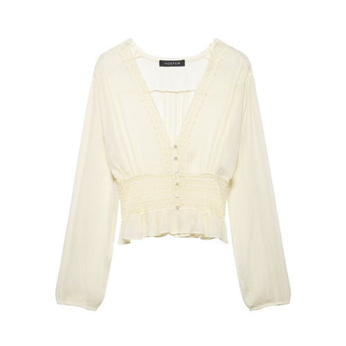Damen Leichte Bluse mit V‑Ausschnitt, Smokbund und Volantsaum Nord Taschen