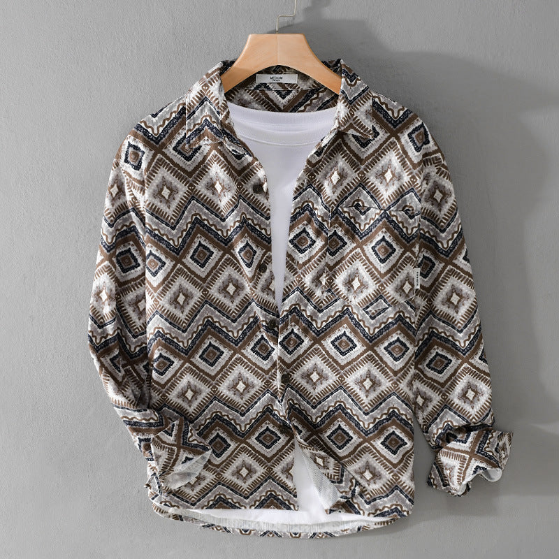Herren Gemustertes Overshirt im Relaxed-Fit mit geometrischem Diamantprint und Brusttasche Nord Taschen