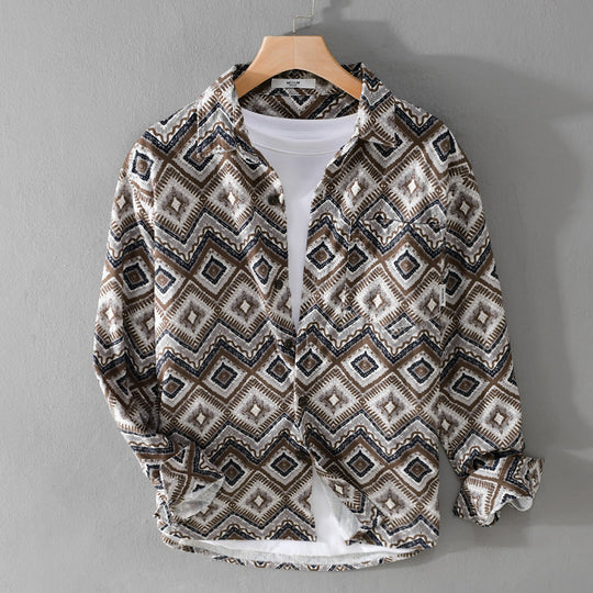Herren Gemustertes Overshirt im Relaxed-Fit mit geometrischem Diamantprint und Brusttasche Nord Taschen