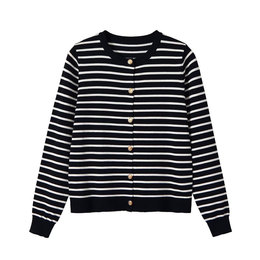 Damen Gestreifter Feinstrick-Cardigan mit Rundhals und Zierknöpfen Nord Taschen