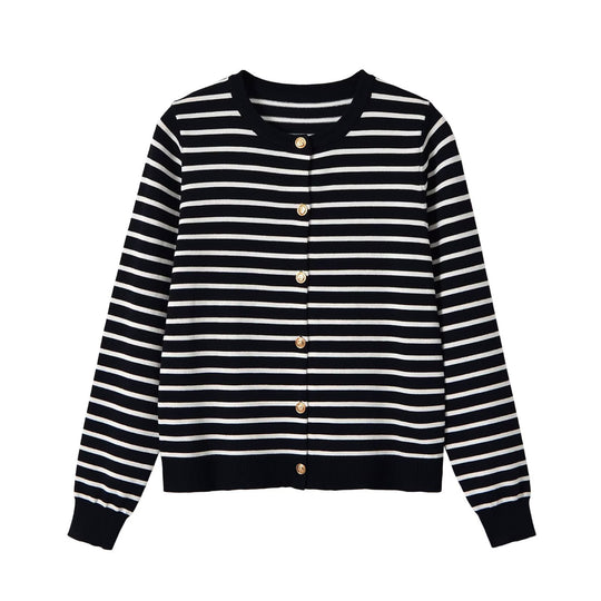 Damen Gestreifter Feinstrick-Cardigan mit Rundhals und Zierknöpfen Nord Taschen