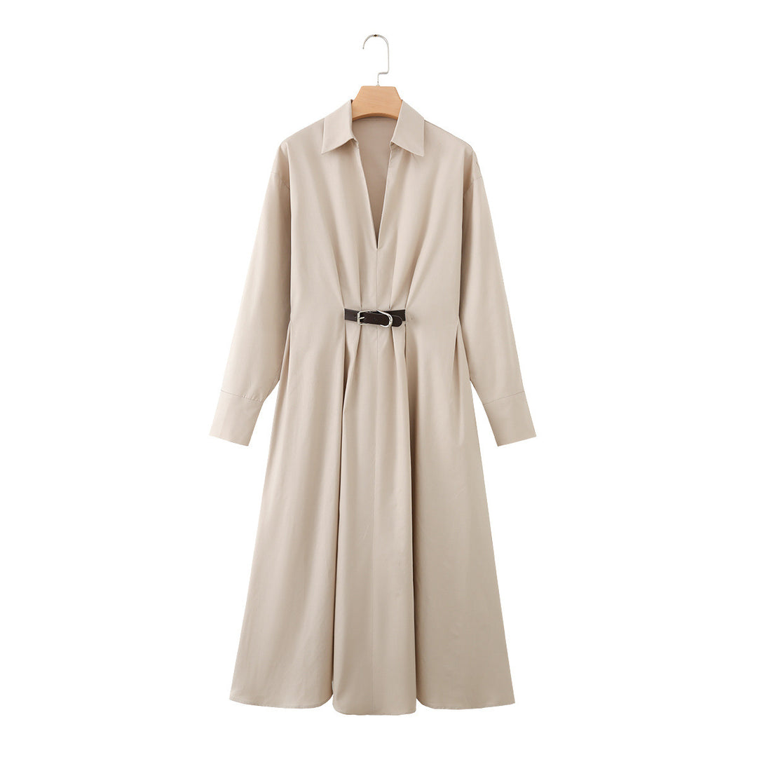 Damen Hemd-Maxikleid mit tiefem V-Ausschnitt, Taillenfalten und schmalem Gürtel Nord Taschen