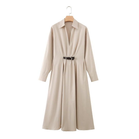 Damen Hemd-Maxikleid mit tiefem V-Ausschnitt, Taillenfalten und schmalem Gürtel Nord Taschen