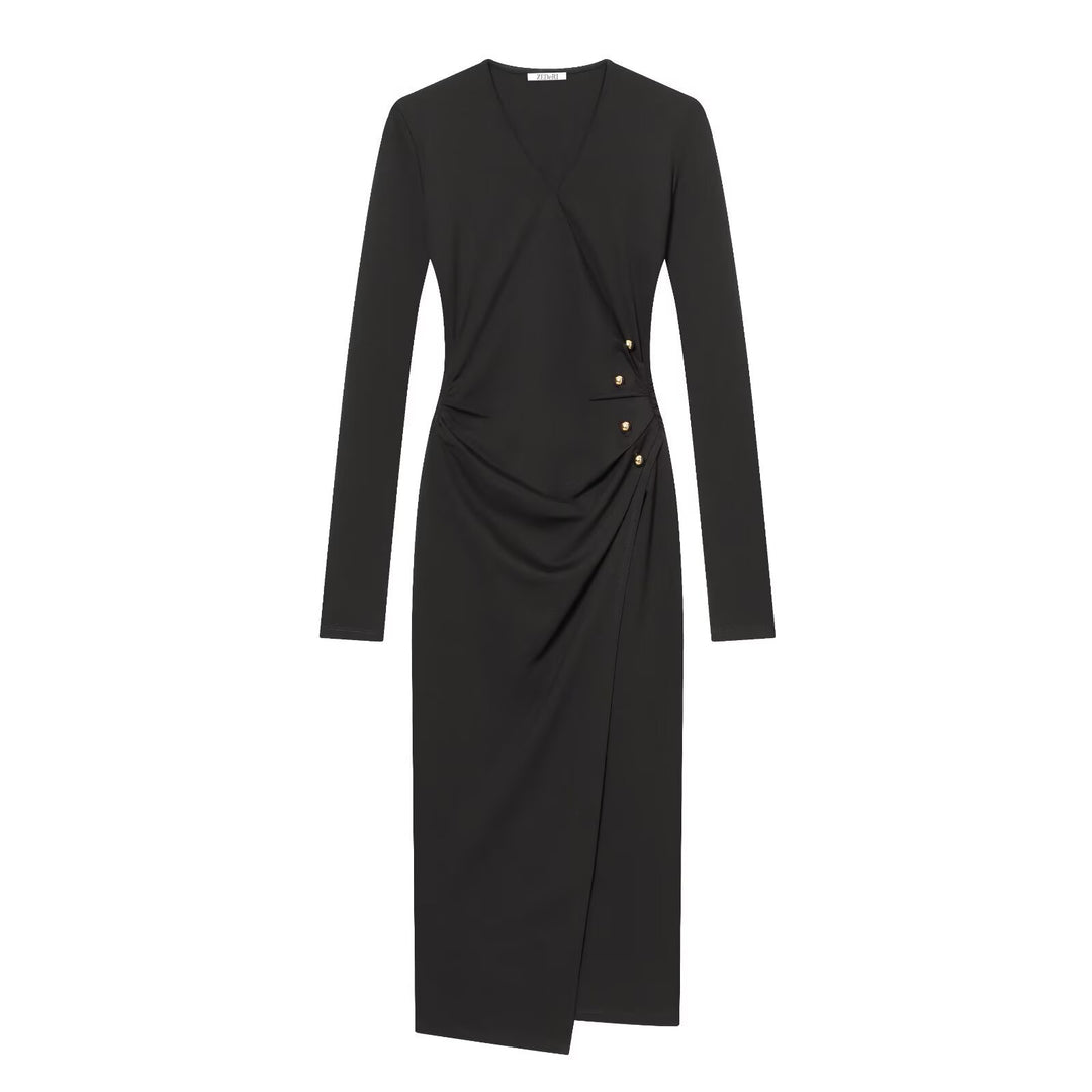 Damen Wickelkleid mit Drapierung, seitlicher Zierknopfleiste und V-Ausschnitt Nord Taschen