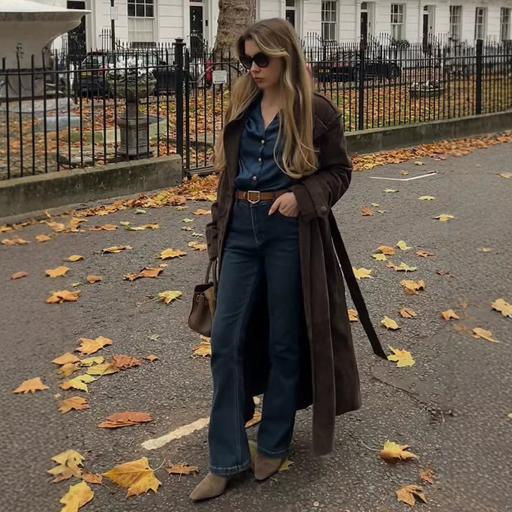 Damen Langschnitt Wildleder-Trenchcoat mit Oversize-Kragen und Bindegürtel Nord Taschen