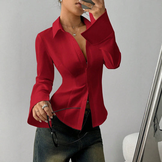 Damen Taillierte Satin-Bluse mit formenden Teilungsnähten und weiten Manschetten Nord Taschen