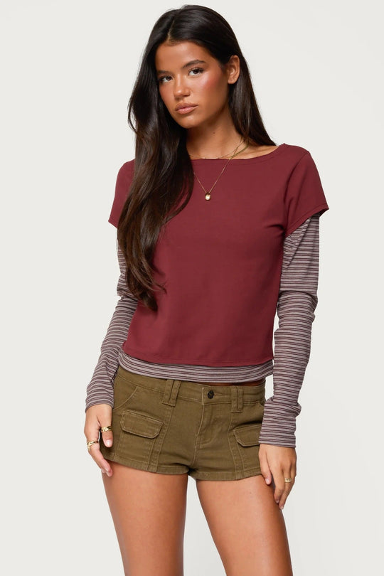Damen modisches Langarmshirt mit einzigartigen Streifen und kurzem Schnitt Nord Taschen