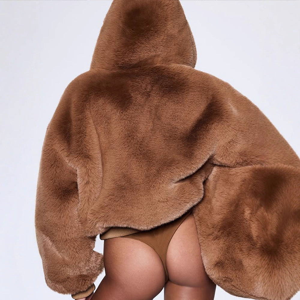 Damen Kurze Teddy-Fauxfur-Bomberjacke mit Kapuze, breitem Rippsaum und Zweiwege-Reißverschluss Nord Taschen