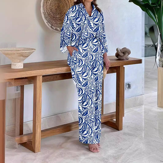 Damen Gemustertes Kimono-Lounge-Set mit weitem Palazzohose aus leichtem Viskose-Mix Nord Taschen
