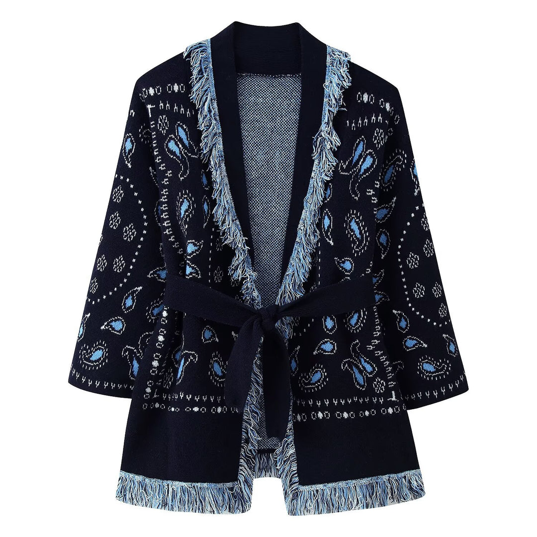 Damen Fransen-Strickjacke mit Paisley-Jacquard, Taillengürtel und offener Kimono-Silhouette Nord Taschen