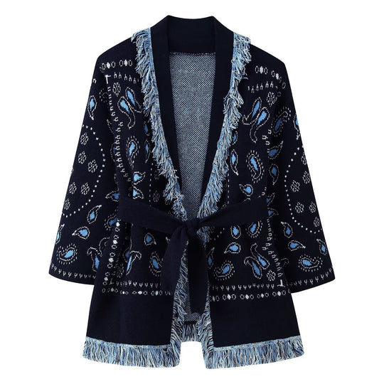 Damen Fransen-Strickjacke mit Paisley-Jacquard, Taillengürtel und offener Kimono-Silhouette Nord Taschen
