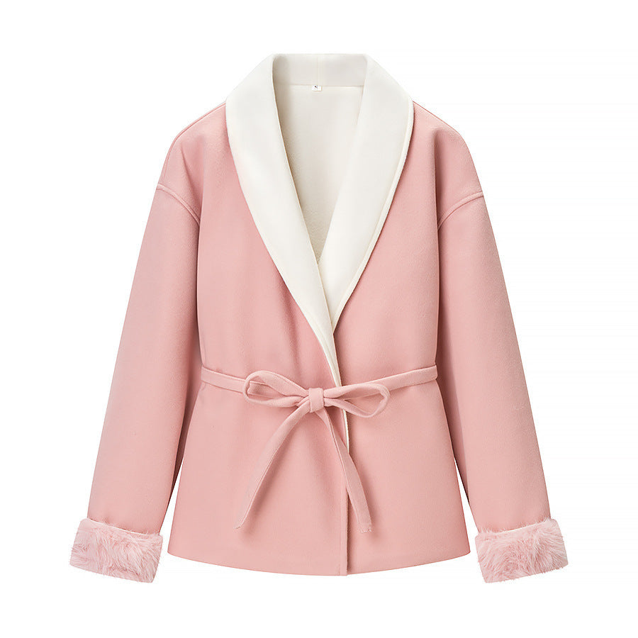 Damen Kurzblazer‑Mantel mit Kimono‑Schalkragen, Taillengürtel und Kunstfell‑Bündchen Nord Taschen