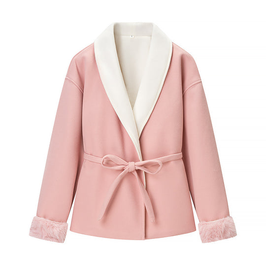 Damen Kurzblazer‑Mantel mit Kimono‑Schalkragen, Taillengürtel und Kunstfell‑Bündchen Nord Taschen