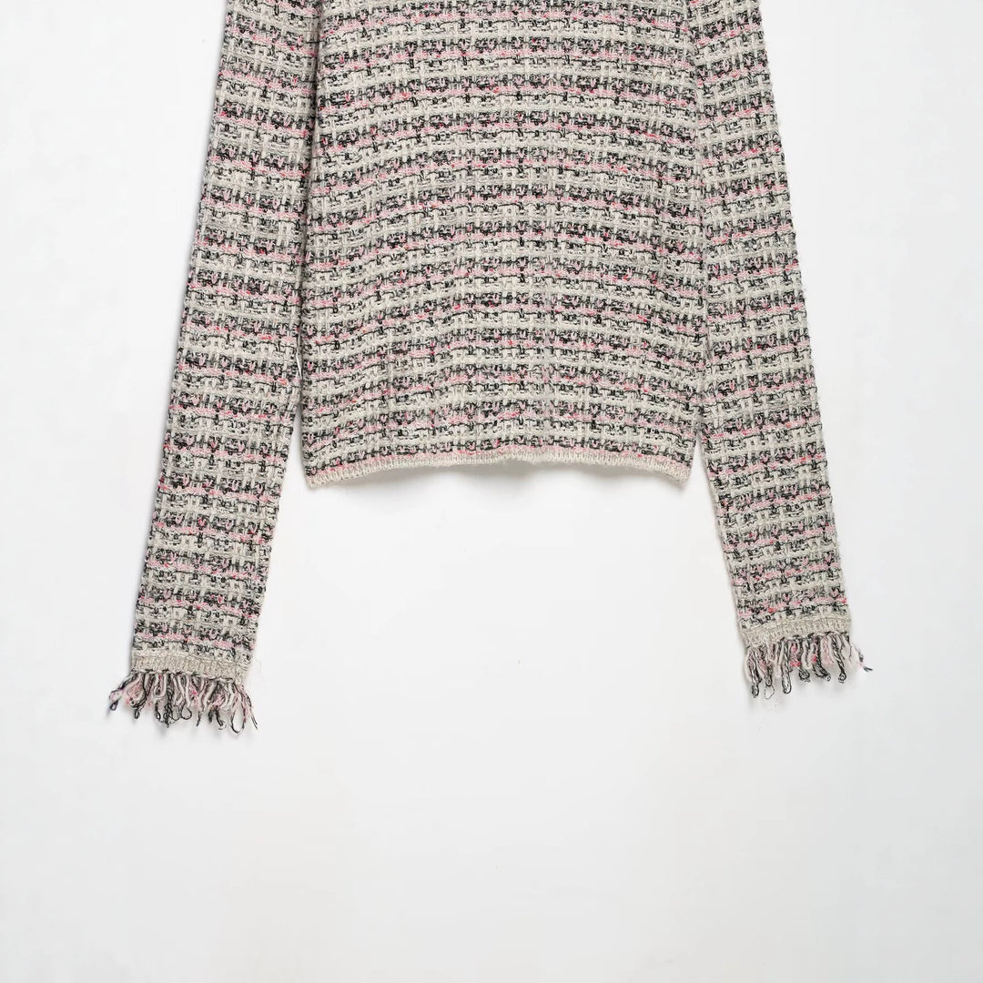 Damen Tweed-Cardigan mit Rundkragen, durchgehender Knopfleiste und Fransenabschlüssen Nord Taschen