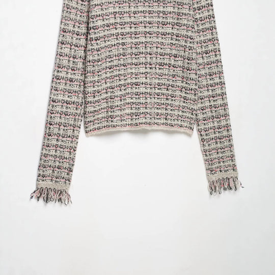 Damen Tweed-Cardigan mit Rundkragen, durchgehender Knopfleiste und Fransenabschlüssen Nord Taschen